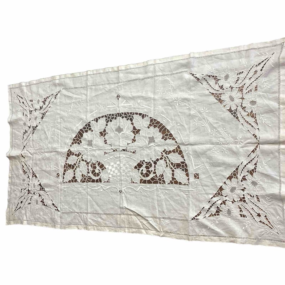 Vintage Dresser Scarf/Table Runner Open Lattice Floral Cream Linen 58"x31"